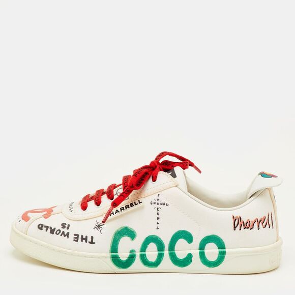 Chanel Shoes - Chanel X Pharrell Cc Size 40 White Canvas Graffiti Print Low Top Sneakers